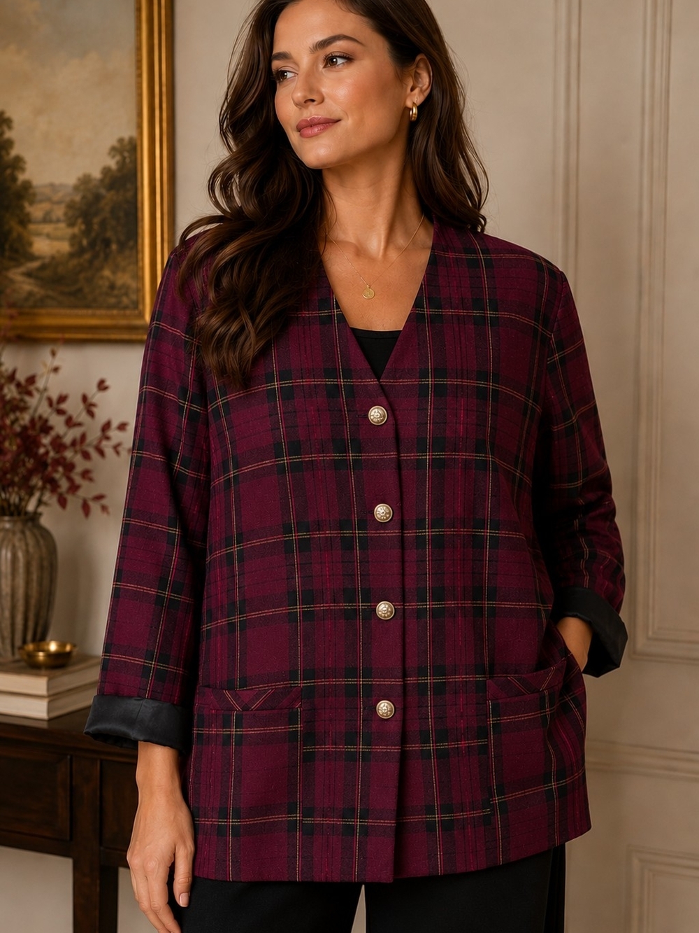 Vintage TanJay Burgundy Plaid Blazer Jacket Size 18